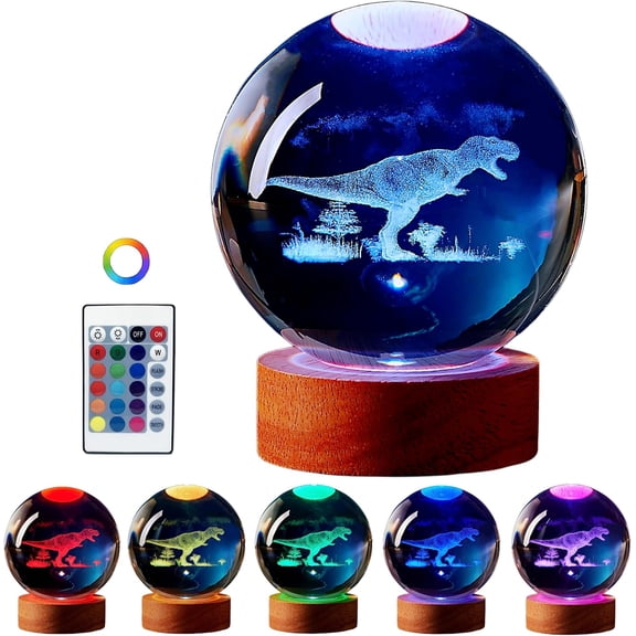 Dinosaur  Ball Lamp,  K9 T-Rex, 3.15in USB , 16 Colors Change, Remote Control, Night Light with Wooden Base,  Box
