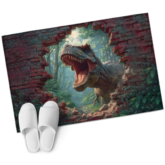 Dinosaur Bathroom Rug Washable 2x3 Entryway Rug Non Slip Adventure Animal Dramatic Cracked Brick Wall Front Door Mat Low Pile Indoor Doormat Throw Floor Carpet for Kitchen Bedroom Entrance