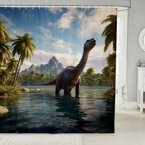Dinosaur Bathroom Shower Curtain Sets Jungle Shower Curtain Bathroom Decor, Botanical Tropical Rainforest Fabric Shower Curtain Mysterious Magical Dinosaur Bath Curtain 72"Wx72"L
