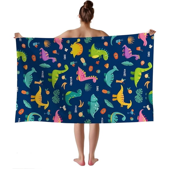 Dinosaur Beach Towel for Boys Kids, Toddler Dinosaur Beach Towels, Dinosaur Bath Towel, Cute Dino Dinosaur Animal Blue Bathroom Swimming Pool Towels, 32x52 Inch