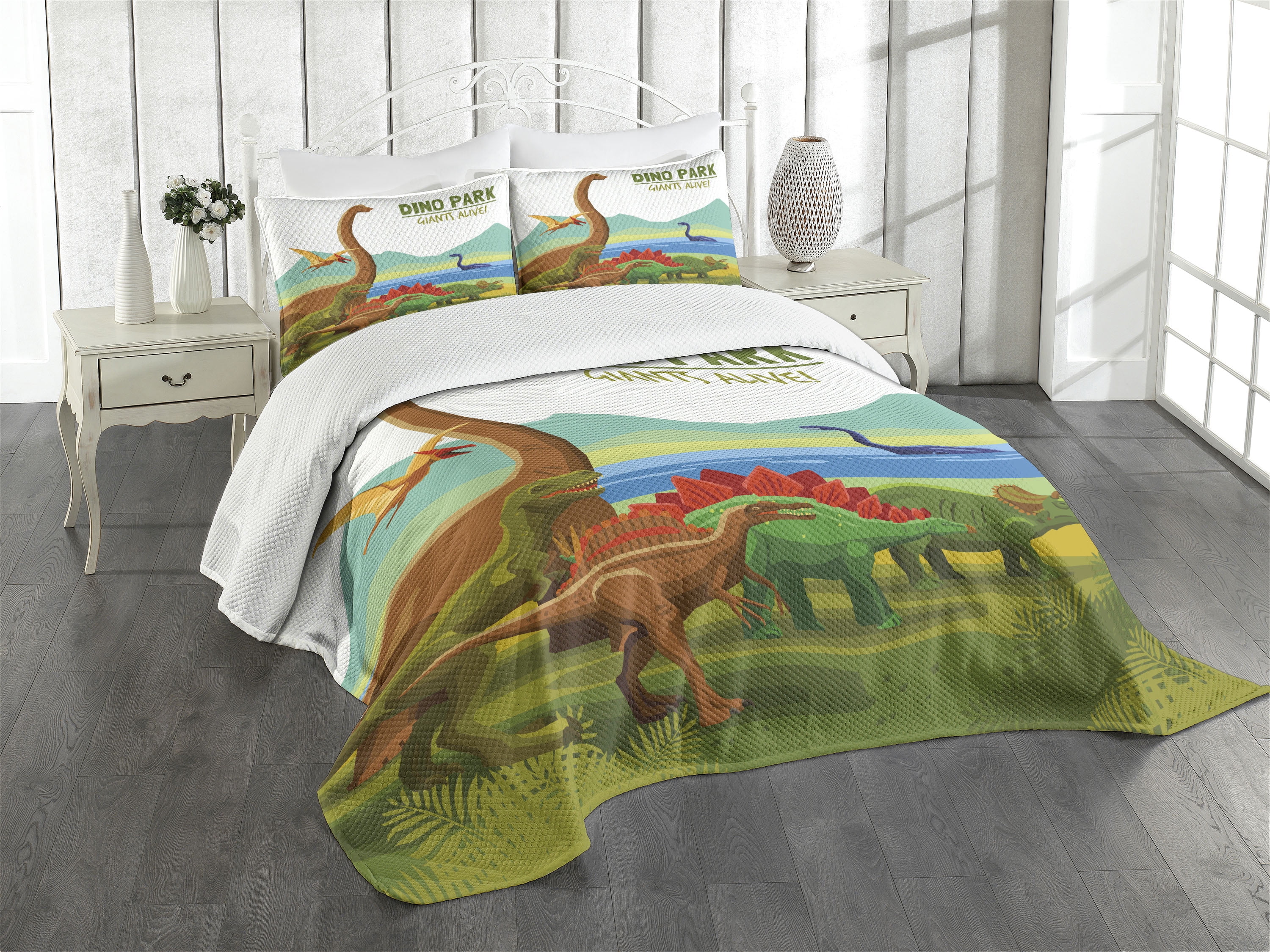 Dinosaur Bedspread, Flying Swimming and Land Dinosaurs with Lake and