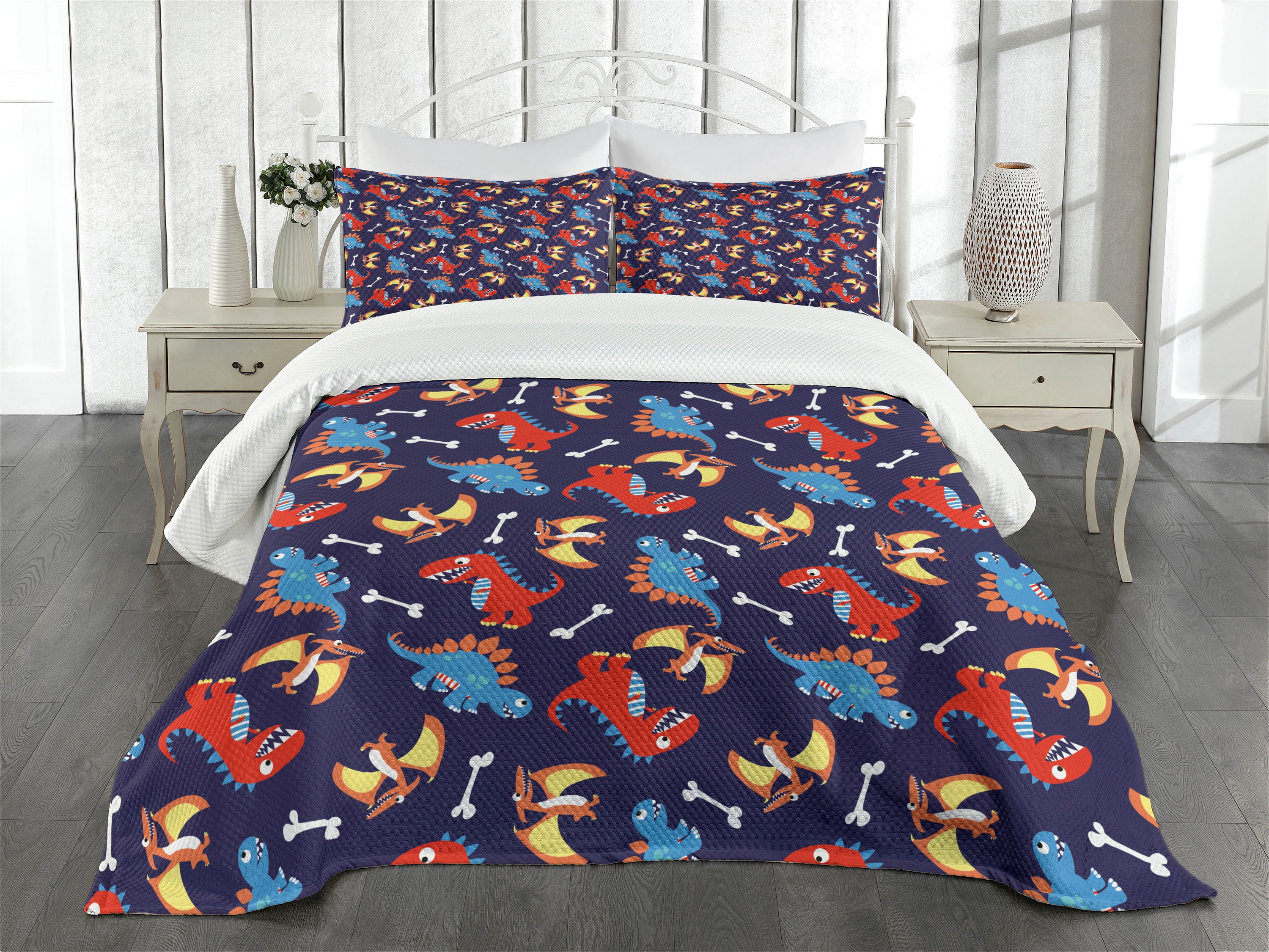Dinosaur Bedspread Set Queen Size, Three Different Cartoon Dinosaurs