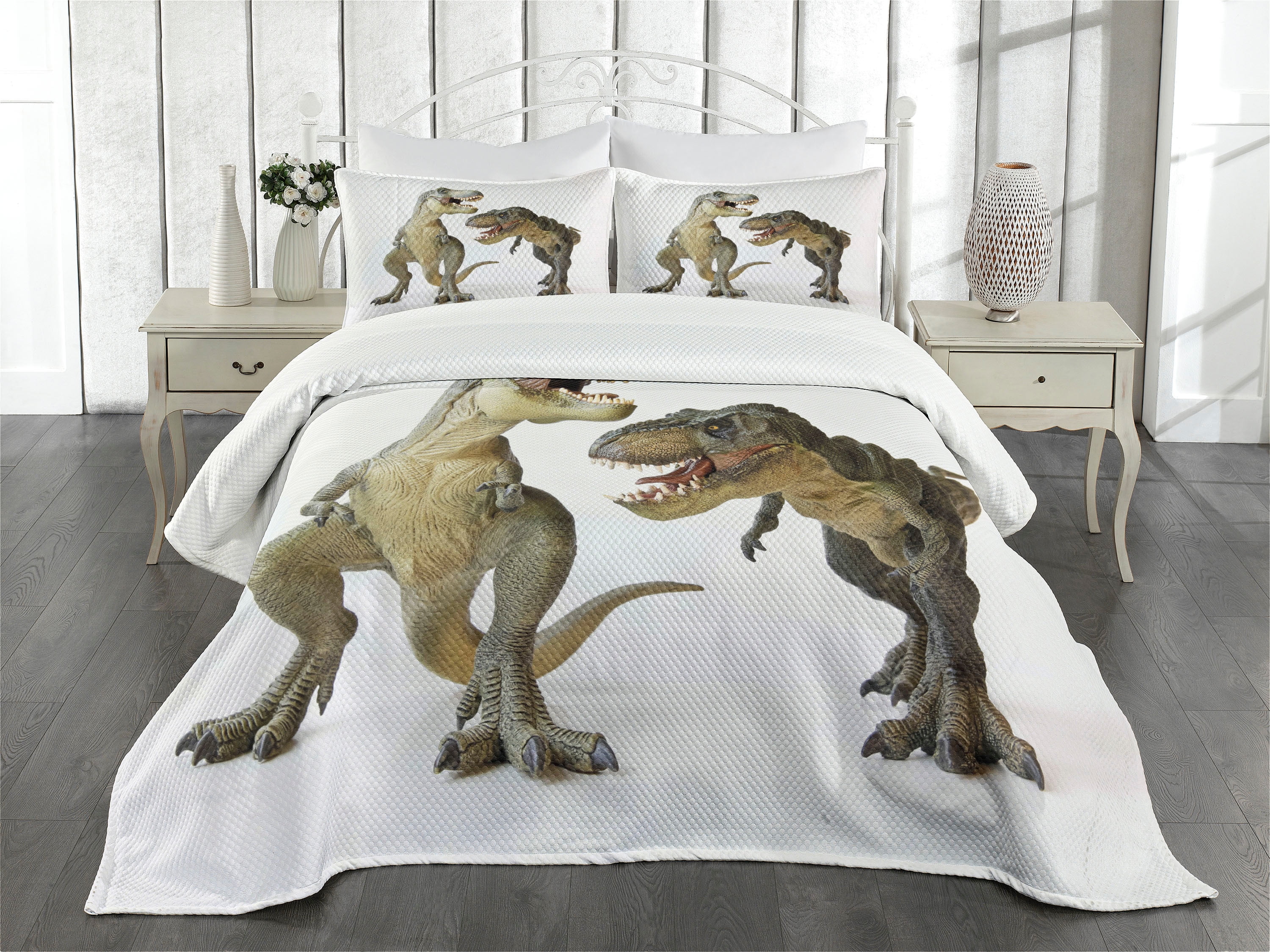 Dinosaur Bedspread Set Queen Size, Tyrannosaurus Rex Pair Facing Off