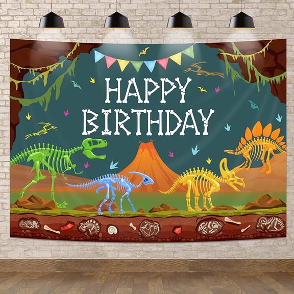 Dinosaur Birthday Backdrop Photography Boys Dino Happy Birthday Funny Animal Skeleton Wildlife Cool Volcano Background Toddler Nursery Party Decorations Banner Photo Booth Props Supplies