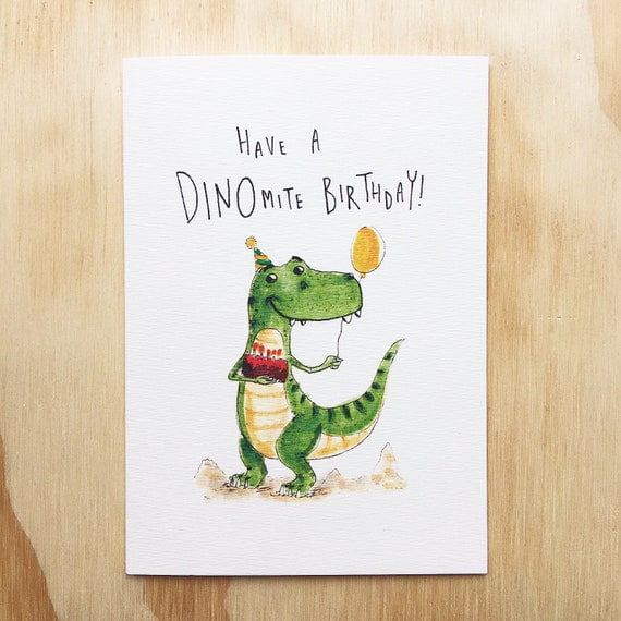 Dinosaur Birthday Card – "Have a DINOmite Birthday!" T-Rex Design with Balloon – Blank Inside, Envelope Included – Perfect for Kids and Dino Lovers