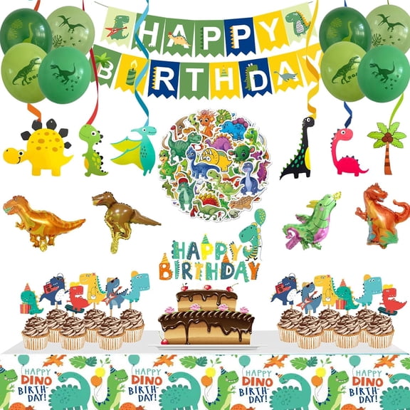 Dinosaur Birthday Decorations, 104 Piece Dinosaur Party Decorations for Boys Dino Birthday Party Supplies Set Include Banner Balloons Cake Toppers Tablecloth Stickers Hanging Swirls