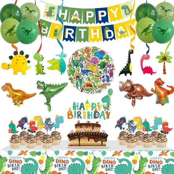 Dinosaur Birthday Party Decorations, Dinosaurs World Birthday Party Tableware Set, Table Covers, Cake Toppers, Balloons, Banners, Swirls for Kids