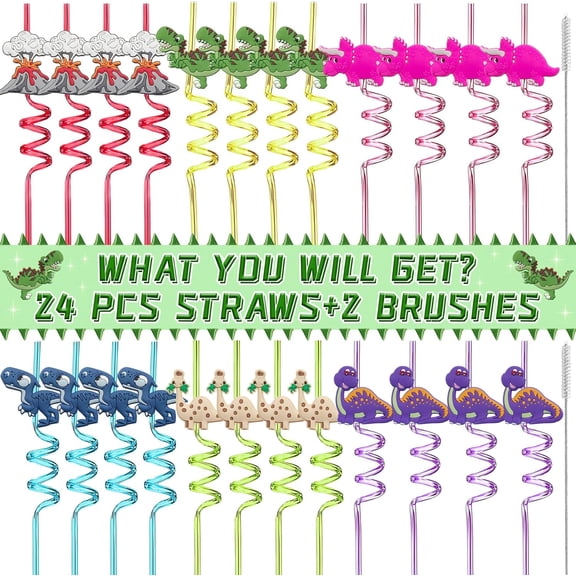Dinosaur-Birthday-Party-Supplies-Decorations-Crazy-Straws-for-Kids-24PCS | Reusable Safari Jungle Dinosaur Drinking Plastic Straws for Girls Boys- Dino Silly Twisty Straw for Three Rex Party Favors