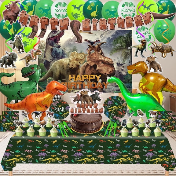 Dinosaur Birthday Party Supplies, Dinosaur Style Decorations Include Tablecloth, Banners, Cake Decoration, Cupcake Toppers, Latex and Aluminum foil Balloons, Hanging Swirls, Tableware Set Y101