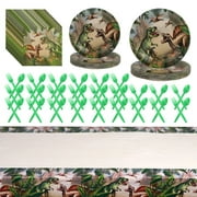 Dinosaur Birthday Party Supplies, Dinosaur Theme Party Tableware Kit, Includes 9-Inch & 7-Inch Party Plates, Forks, Spoons, Napkins, Tablecloth, Kids Birthday Party Decorations for Boys