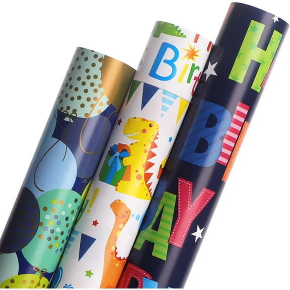 Dinosaur Birthday Wrapping Paper 3 Rolls Happy Birthday Dinosaur Balloon Printed Wrapping Paper for Boys- Mini Roll 17 inch x 120 inch(10feet) Per Roll