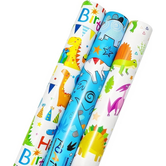 Dinosaur Birthday Wrapping Paper Rolls - Mini Roll - 3 Rolls - 17 inch x 118 inch Per Roll - Kids Gift Wrap Paper for Party, Holiday, Christmas