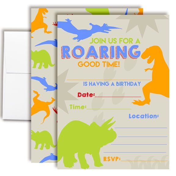 Dinosaur Bite Birthday Invitations for Boys, 20 Fill-In Cards with Envelopes, 5x7 Children's Party Invitations, Birthday Party Supplies, Made in USA by Amanda Creation