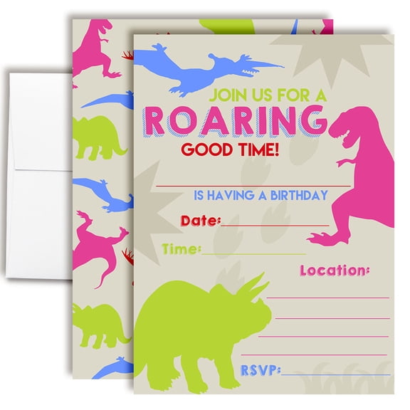Dinosaur Bite Birthday Invitations for Girls, 20 Fill-In Cards with Envelopes, 5x7 Children's Party Invitations, Birthday Party Supplies, Made in USA by Amanda Creation