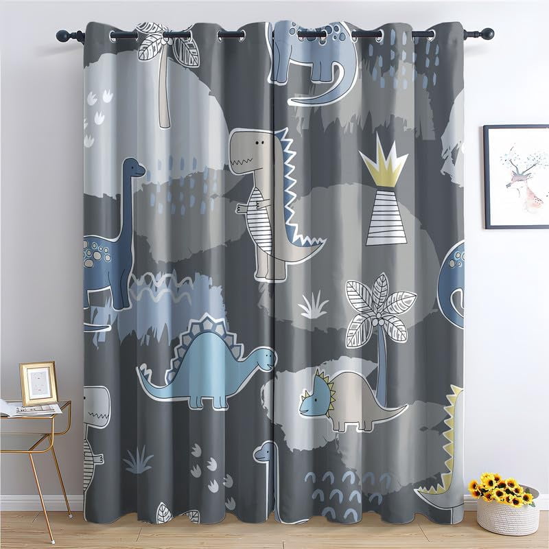 Dinosaur Blackout Curtains For Bedroom Living Room, Kids Curtains & Home Decor, Cartoon Dino Patterned Window Curtains, Thermal Room Darkening Grommet Drapes 42"W x 84"L (Pack of 2)
