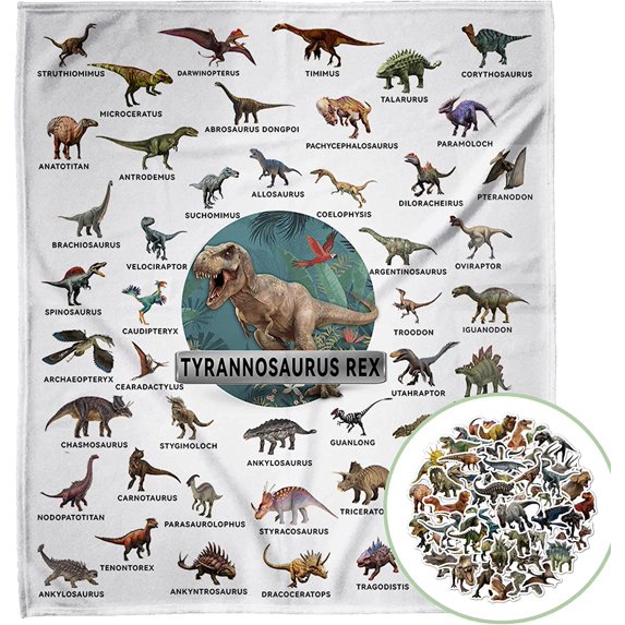 Dinosaur Blanket for Boys & Adults 50x60 Inch & 50 Dinosaur Stickers- Soft Kid Baby Throw Blanket with Jurrassic Dinosaur Pattern Gifts for Dinosaur Fans\u2026