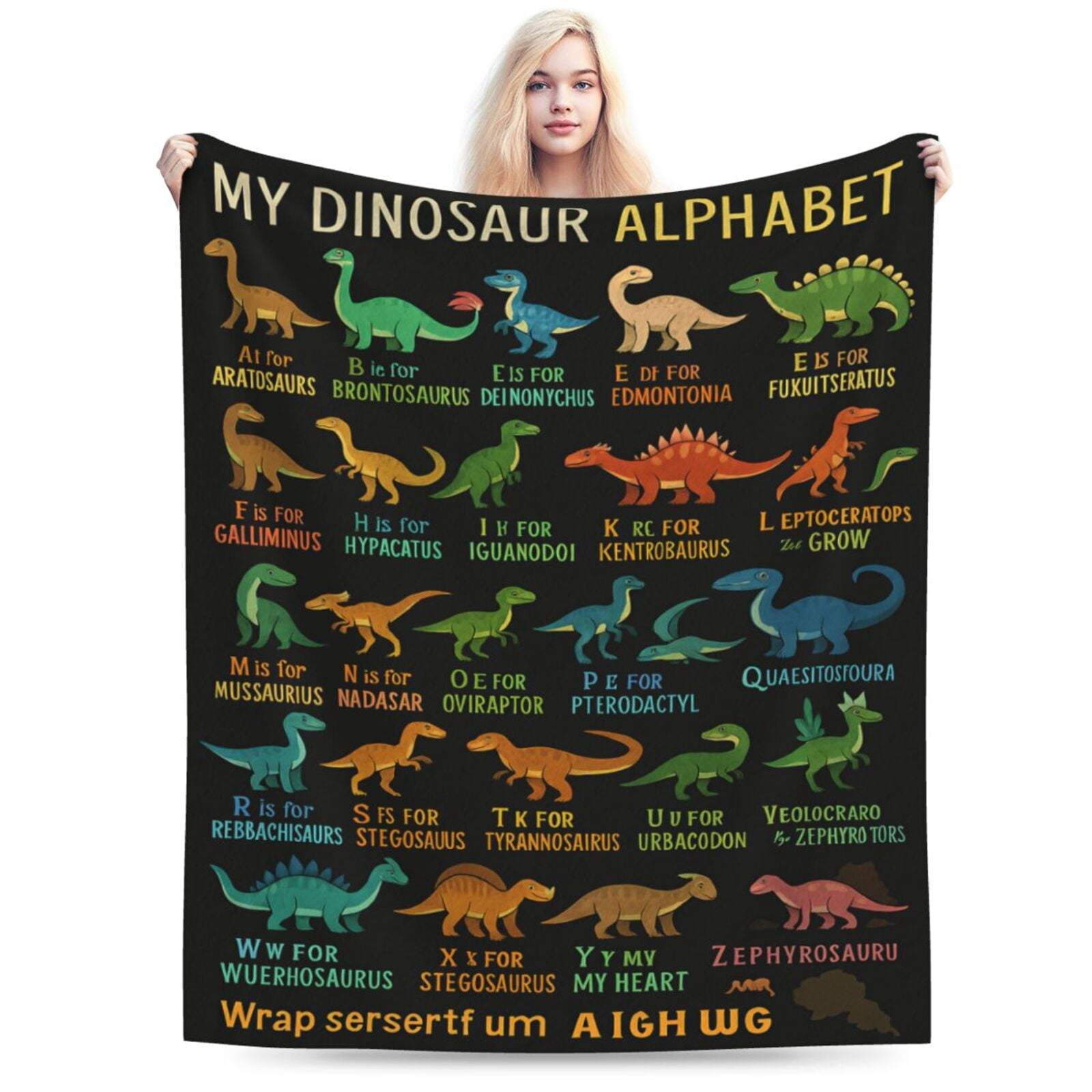 Dinosaur Blanket for Boys, Dinosaur Gifts for Son Grandson Nephew, Dinosaurs Birthday Decorations, Personalized Dinosaurs Alphabet Blanket, Thanksgiving Gifts 80x60
