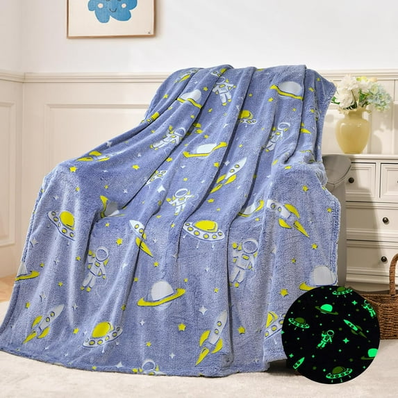 Glow in The Dark Blanket Unicorns Gifts for Girls,Dinosaur Blanket for Boys Glow in The Dark Dino Blanket Dinosaur Toys for Teen Boy Gifts Dinosaur Room Decor 50"x60"(Grey Space Rocket)