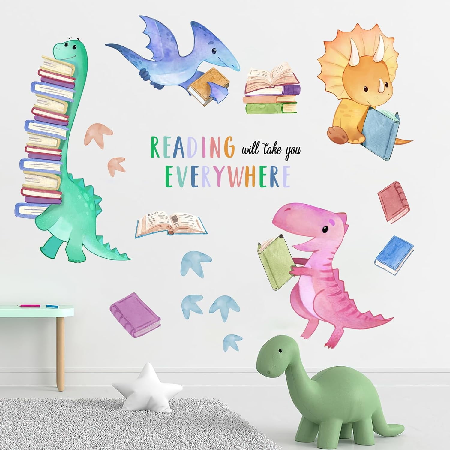 Dinosaur Book Reading Corner Inspirational Wall Decals Stickers, Reading Will Take You Everywhere Toddler Nursery Classroom Decor, Positive Quote Home Decorations Kids Bedroom Study Room Art
