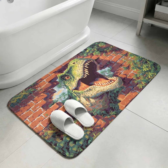 Dinosaur Brick Wall Bathroom Rugs Non Slip Washable Bath Mat Absorbent Front Door Mat Urban Street-art Animal Red Green Indoor Doormat for Kitchen Entryway Shower Decor Accessories 15.7"x23.6"