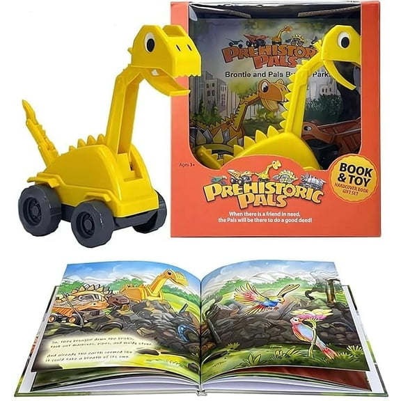 Dinosaur Brontosaurus Construction Truck Toy and Educational Book Gift Set