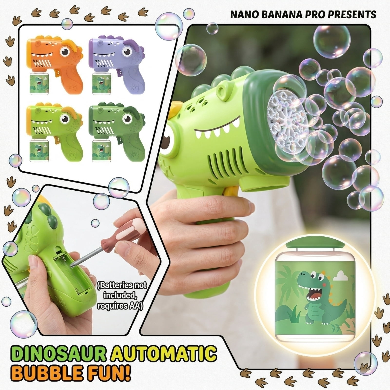 Dinosaur Bubble Blower, Automatic Battery Operated Bubble Machine with Handheld Bubble Maker and Bubble Solution for Outdoor Party Carnival Events (4PCS)