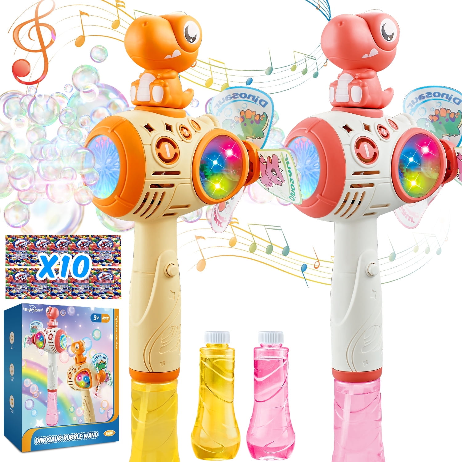 Dinosaur Bubble Wands for Kids Toddlers 2 Packs, Automatic Bubble Machine Gun with 2 Windmill, 3 4 5 6 Year Old Boy Girl Outdoor Party Toys