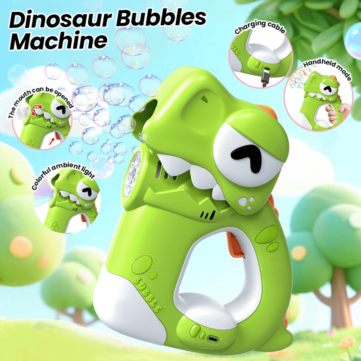 Dinosaur Bubbles Machine for Kids 6 Holes Electric Bubble Maker Blower with Lights for Boys Girls Outdoor Camping Backyard Pool Parties Gifts