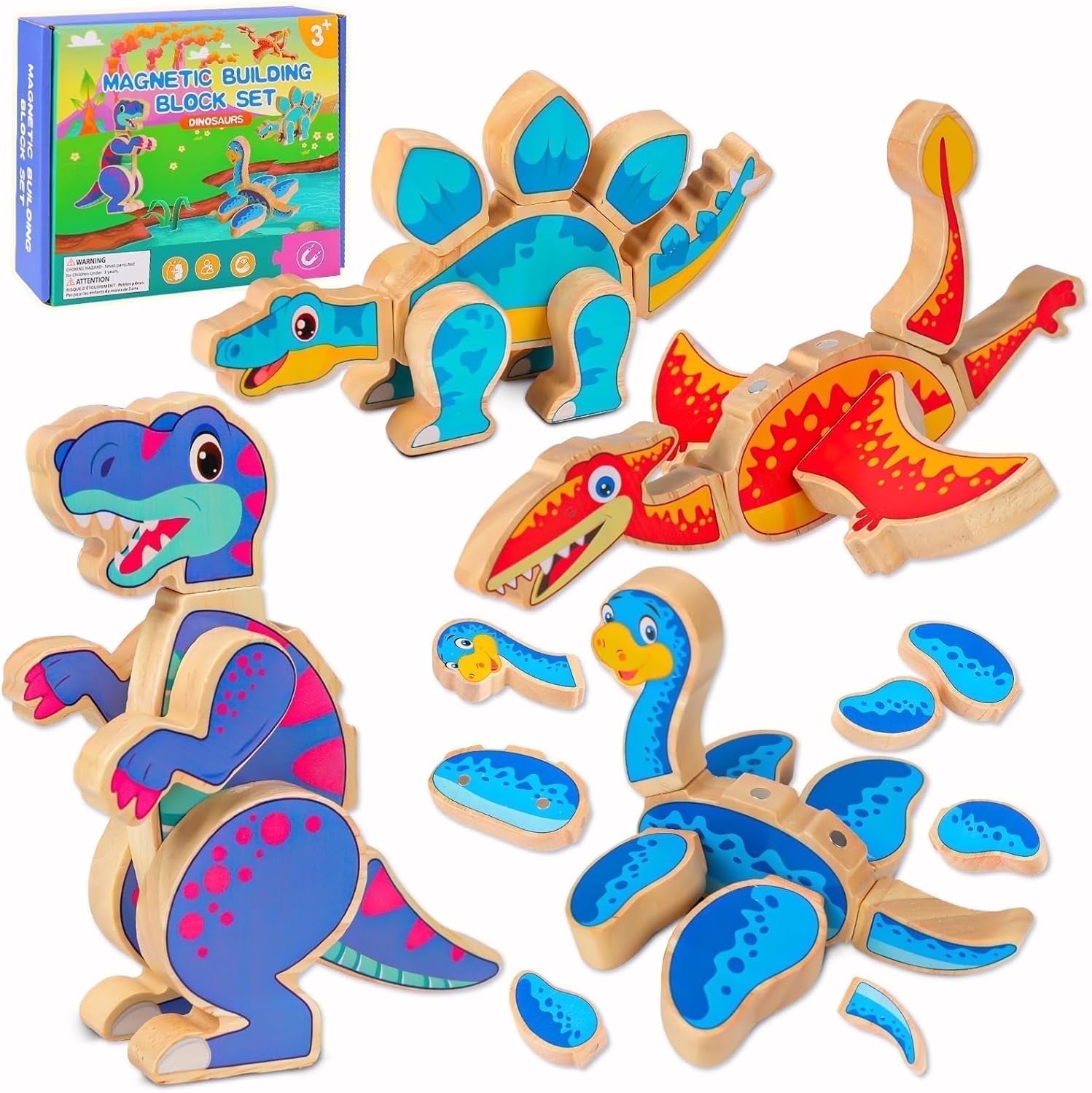Toddler Dinosaur Magnetic Building Blocks Toy Set, Wooden Take Apart Dinosaur Playset, STEM Montessori Educational Fine Motor Skill Toy Gift for 3 4 5 Years Old Kids