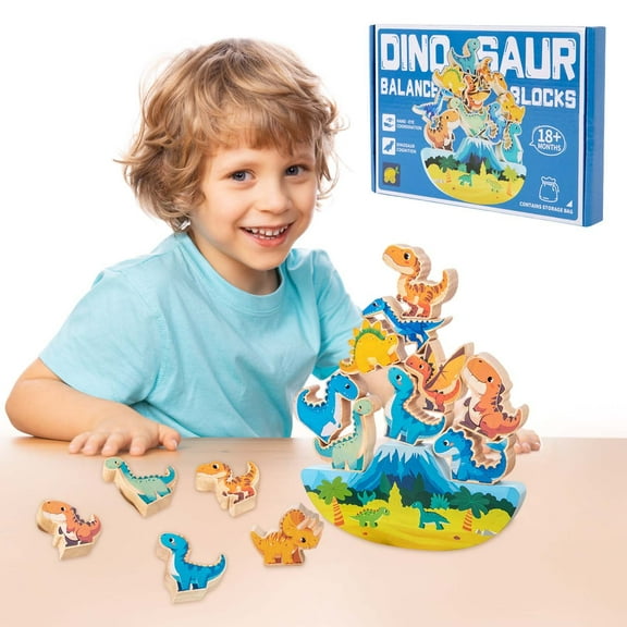 Dinosaur Building Blocks, Wooden Stacking Toys, Preschool Learning Educational Game for Kids Ages 2-5, Large Rounded Corner Blocks with Instruction Manual, Family Party Competition Set