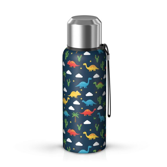 Dinosaur and Cacti Dark Blue Pattern Insulated Coffee Thermos, Vacuum Insulated Portable Drink Thermos Carry Strap Gifts Ideas for Home Office Outdoor Sports Car Travel