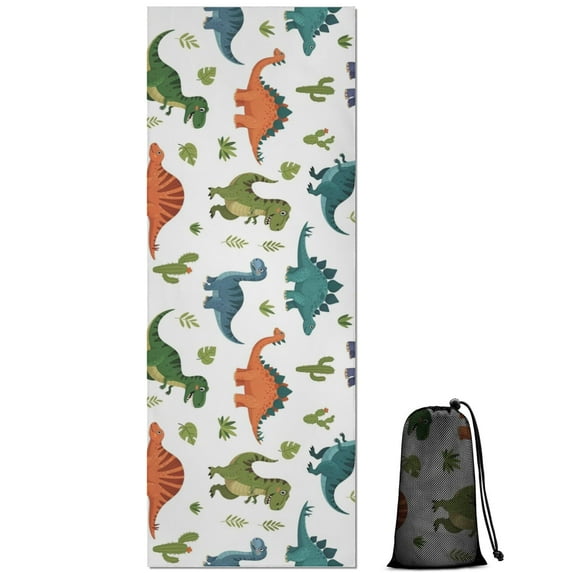 Dinosaur and Cactus Pattern Hot Yoga Mat Towel Non Slip for Hot Yoga - Quick-Drying Yoga Mat Cover with 4 Corner Pockets with Travel Bag - Hot Yoga Towel Non Slip 74"x26"