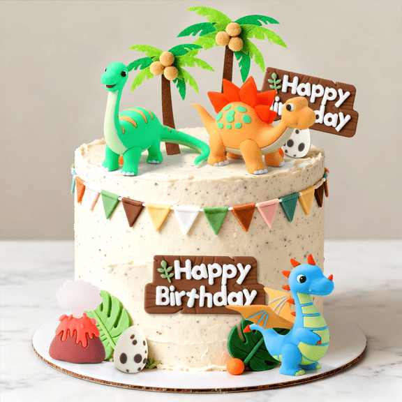 Dinosaur Cake Decorations Set - Cartoon Jurassic Theme Scene-Building Party Decor Kit with Figurines & Props