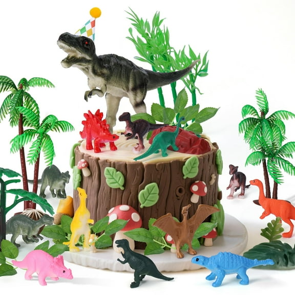 Dinosaur Cake Toppers, 25 GGA1 Pcs Dino Cake with Mini Hat Leaves Trees Cake Decorations for Birthday, Baby Shower, Jungle Safari, Wild Animals, Kids Dinosaur Themed Party Decorations Supplies