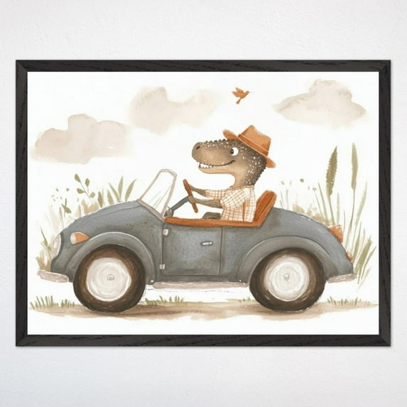 Dinosaur Car Wall Art, Boy Nursery Decor, Watercolor Dinosaur Driving Car Wall Art, Whimsical Framed For Kids Room, Dino Adventure Wall Art, Modern Wall Decor, 24x36 UNFRAMED
