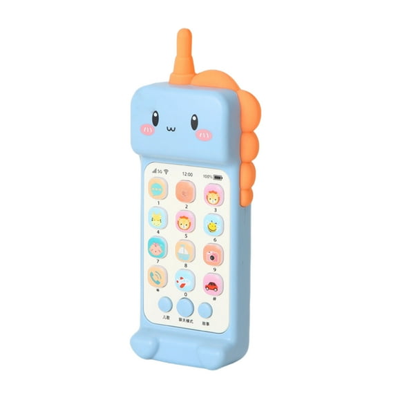 Dinosaur Cell Phone Toy Removable Soft Teether Case, Music & Adjustable Volume Play & Learn Pretend Phone, Preschool Holiday Birthday Gift (Blue)