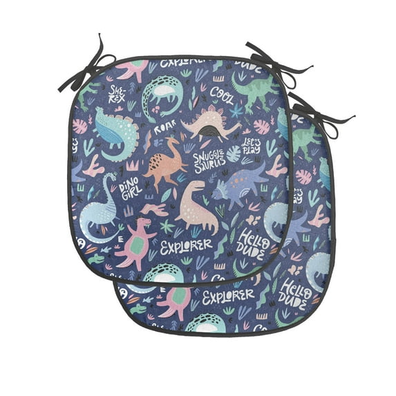 Dinosaur Chair Seating Cushion Set of 2, Cartoonish Abstract Extinct Animals She-rex Dino Girl, Seat Pads for Office with Anti-slip Backing, 16"x16", Dark Indigo and Multicolor, by Ambesonne