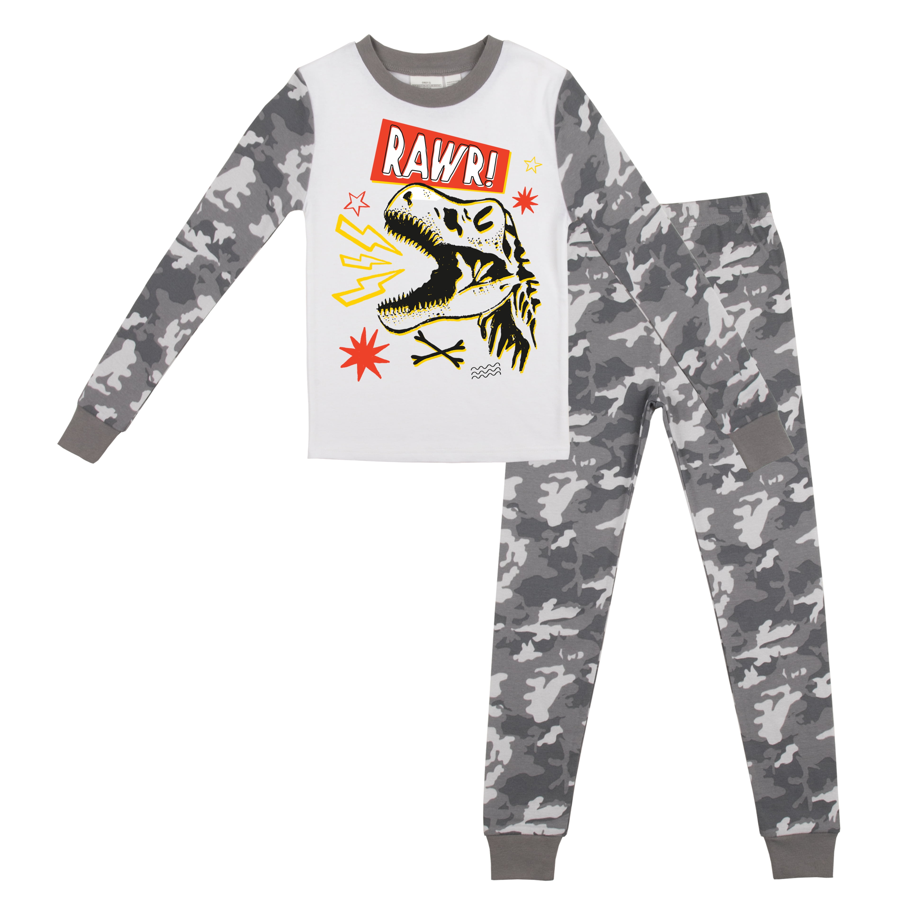 Dinosaur Character with Camo Pattern Youth Long Sleeve Pajama Set 4