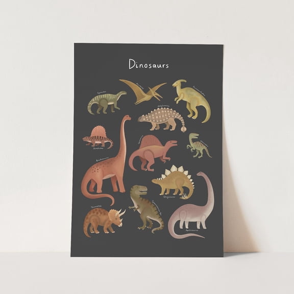 Dinosaur Chart Print, Black Dinosaur Wall Art, Unframed Paper Poster 8x10in