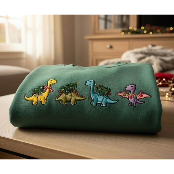 Dinosaur Christmas Tree Embroidered Sweatshirt Funny Family Holiday Shirt Embroidered Christmas Dino Lovers