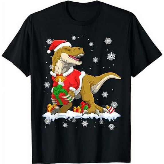 Dinosaur Christmas Tree Lights Dino T Rex Santa Kids Toddler T-Shirt