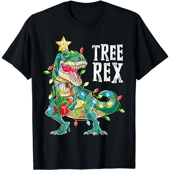 Dinosaur Christmas Tree Rex Pajamas Men Boys Xmas Lights T-Shirt