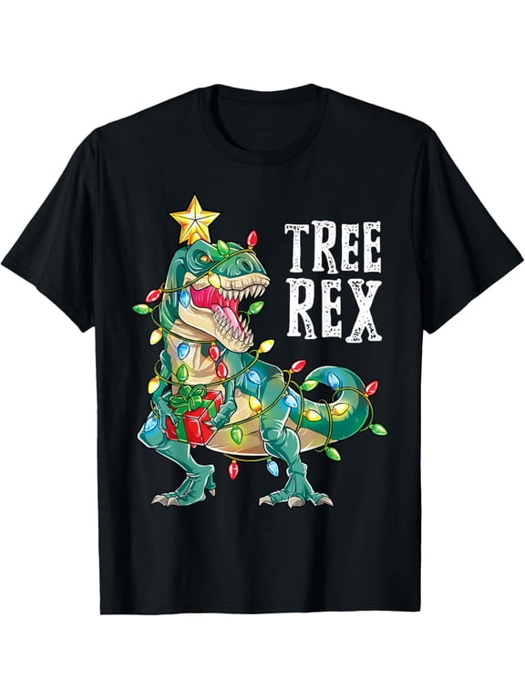 Dinosaur Christmas Tree Rex Pajamas Mens Xmas Lights T-Shirt