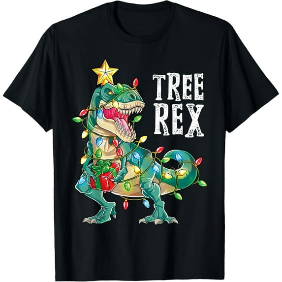 Dinosaur Christmas Tree Rex Pajamas Mens Xmas Lights T-Shirt