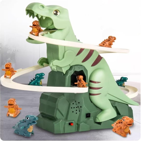 Dinosaur Climbing Slide Toy and Chasing Race Track Playset with Auto Stairs Light and Music Educational Roller Coaster for Toddlers Kids Ages 3-6