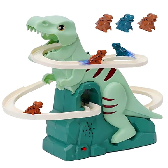 Jiylaup Dino Race Car Track Set, STEM Dinosaur Playset, Auto Stair-Climbing Toy, Lights up, 3 Dinosaurs with Music & Flashing Lights, Safe ABS Plastic