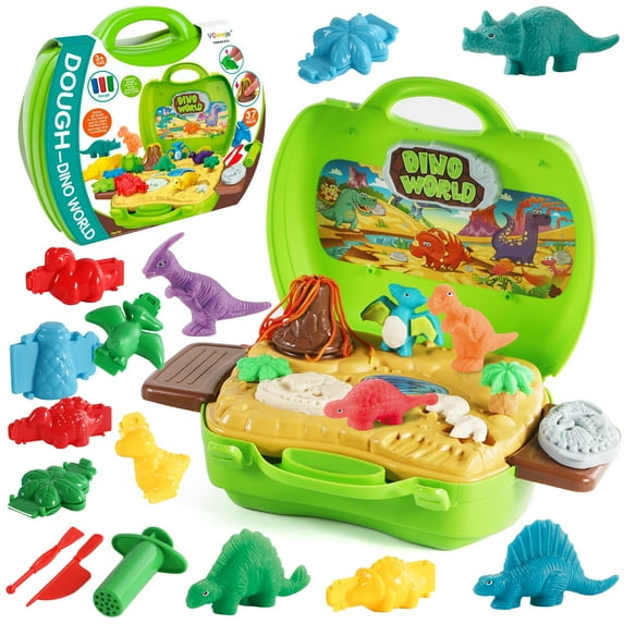 Dinosaur Color Dough Toys, 37 Pieces Dino Theme Color Dough Tools Accessories with Volcano and Fossils for Boys and Girls