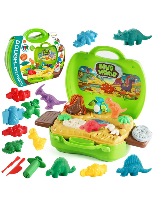 Dinosaur Color Dough Toys, 37 Pieces Dino Theme Color Dough Tools Accessories with Volcano and Fossils for Boys and Girls