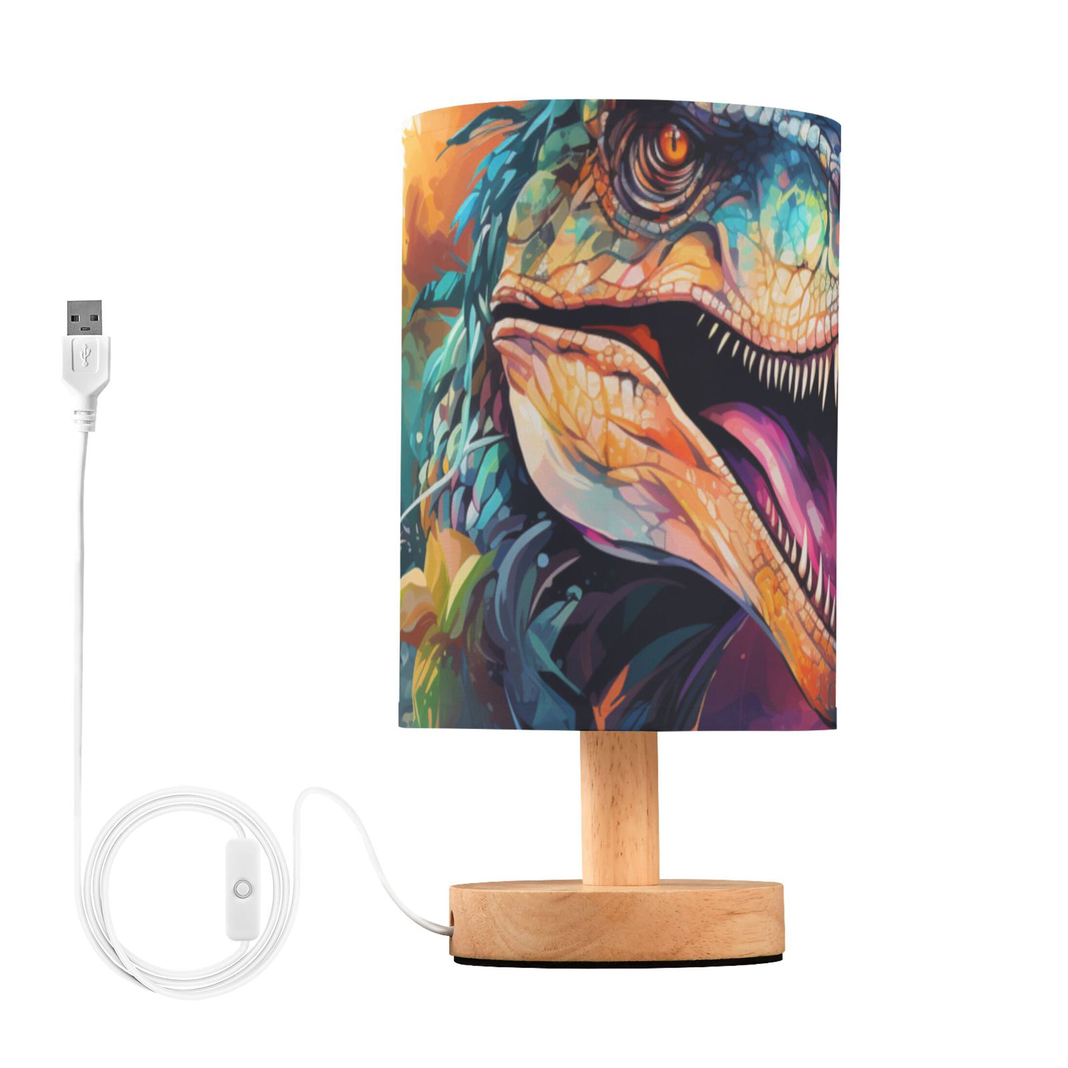 Dinosaur Colorful Table Lamp USB Bedside Desk Nightstand Lamp Printed Gifts Small Lamp Wood Base for Bedroom Living Room Kids Room College Dorm