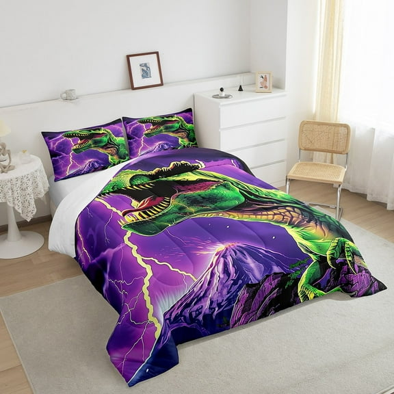Dinosaur Comforter Set 3D Jungle Animal Twin Bedding Sets,Green Dino Quilt Volcanic Lightning Duvet Insert,Prehistoric Reptile Dinosaurios Room Decor